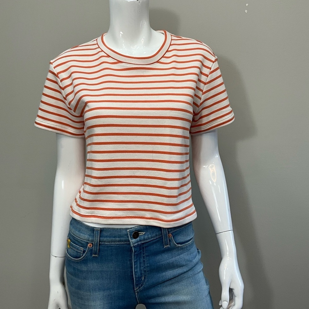 Splendid Whitney White & Orange Striped Short Sleeve Crewneck Top Small